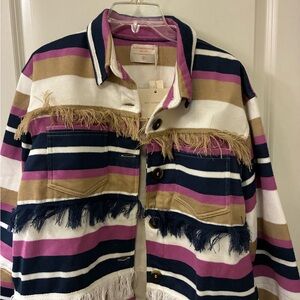 Striped Fringed Jacket in Navy, Pink & Tan